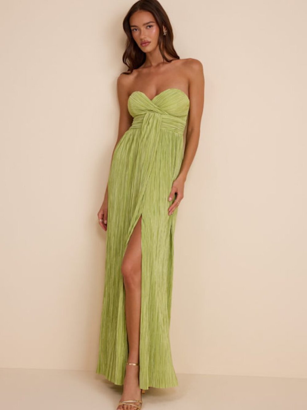 Lulus Oswin Lime Green Satin Plisse Strapless Maxi Dress - Size XL
